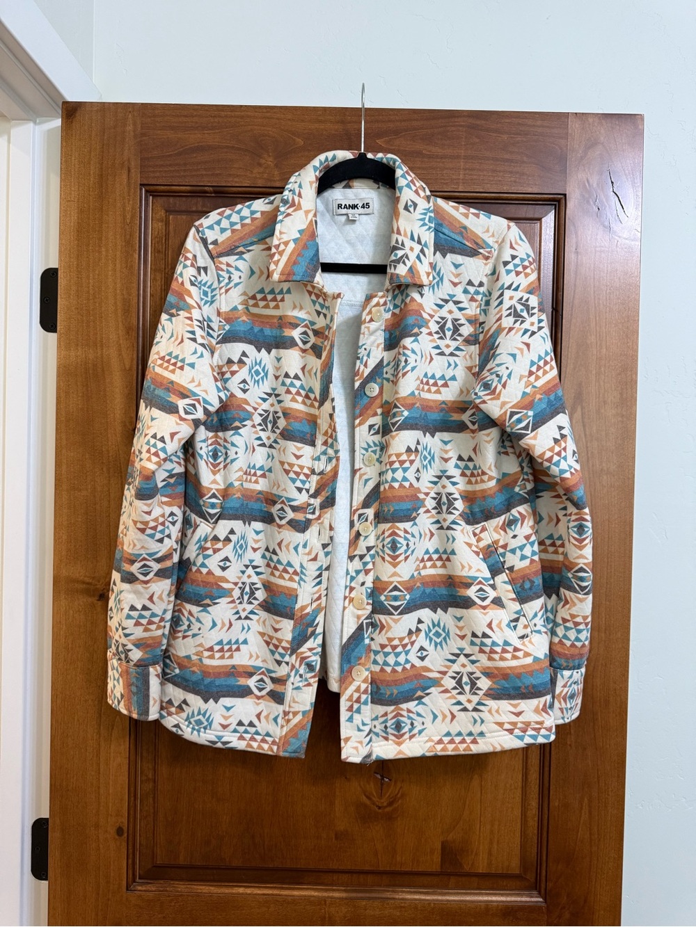 Rank 45 Cream Aztec-Print Utility Jacket with Rust & Teal Accents